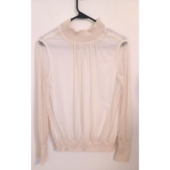 Zara Blouse Womens S Ivory Sheer Longsleeve Mock Neck Peasant Boho Cottagecore - Picture 1 of 11